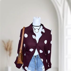 INC International Concepts Plum Polka Dot Button-Up Blouse